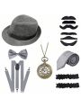 Men 1920s Accessories for Women Reverse Role Playing 1920s Mens Costume  Halloween 1920s Accessories for Men Roaring 20s with Pocket Watch/Fake Moustache/Fedora Hat for Men, Grey