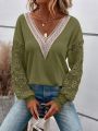 SHEIN LUNE Contrast Guipure Lace Drop Shoulder Sweatshirt