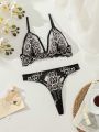 SHEIN Ladies' Sexy Hollow Out Lace Patchwork Lingerie Set