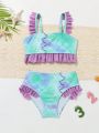 Toddler Girls' Fish Scale Pattern Printed Bikini Swimsuit With Ruffle Trim Decoration