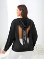 Plus Size Loose Fitness Hooded Sports T-Shirt With Letter Printed And Open Back