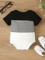 Infant Boys' Simple Round Neck Color Block Striped Print Short Sleeve Bodysuit With Patch Pocket For Casual And Cute Spring And Summer Styles