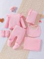 SHEIN 6pcs Newborn Baby Girls' Clothing Set, Including Top, Pants, Swaddle Blanket, Bib, Gloves, Hat And Gift Box