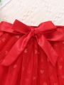 SHEIN Kids Nujoom Young Girl Gorgeous Romantic Elastic Waist Mesh Skirt With Heart Detail And Belt For Summer