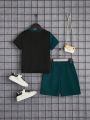 SHEIN Kids SPRTY Young Boy Casual Comfortable Colorblock Top & Plain Shorts Set