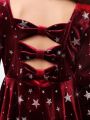 SHEIN Young Girl Galaxy Print Bow Back Gigot Sleeve Velvet Dress
