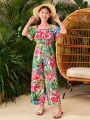 SHEIN Kids SUNSHNE Tween Girls' Casual Tropical Floral Printed Off-The-Shoulder Jumpsuit, Perfect For Vacation