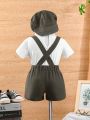 3pcs/Set Baby Boy's Party Gentleman Outfit With Short Sleeve Stand Collar Shirt And Suspender Shorts