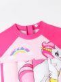 Young Girl's Color-Blocking Unicorn Printed One-Piece Swimsuit