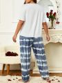 Plus Size Letter Print Short Sleeve T-Shirt And Tie-Dye Lounge Pants Pajama Set