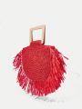 SHEIN VCAY Raw Hem Braided Women's Red Straw Woven Handbag