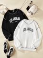 Teenage Girls' Drop Shoulder Style Sweatshirt With Printed Letters And Visible Stitching