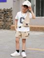 SHEIN Kids HYPEME Young Boys' Letter Print 2 In 1 Short Sleeve Top And Shorts Set