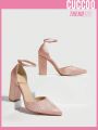 Cuccoo Party Collection Women Buckle Decor Point Toe Chunky Heeled Pumps, Fashion Outdoor Fabric Ankle Strap Pumps