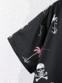 SHEIN Kids SUNSHNE Boys' Coconut & Skull Printed Short Sleeve Shirt With Shorts Set, Youth