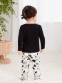 SHEIN Baby Girls' Casual Cow Pattern Long Sleeve Top And Pants Homewear Set