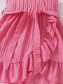 SHEIN Kids Cooltwn Young Girls' Rosy Pink Ruffle Hem Spaghetti Strap Dress