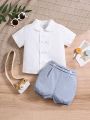 Baby Boys' Short Sleeve Button-Up Shirt + Casual Shorts 2pcs Set, Suitable For Birthday Parties, Evening Party, Wedding, And Other Special Occasions