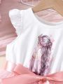 SHEIN Kids CHARMNG Young Girls' Cute And Romantic Cartoon Character Print Shawl With Love Heart Cap Sleeves Dress