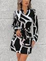 SHEIN LUNE Printed Notched Collar Long Sleeve Dress