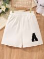 Teen Girls' Elastic Waist Shorts With Letter Embroidery And Patch Decoration