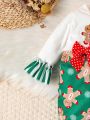 SHEIN Baby Girl Christmas Print Bow Front Flounce Sleeve Ruffle Hem Jumpsuit & Headband