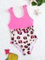 Young Girl's Leopard Print One-Piece Swimsuit With Bow Decoration