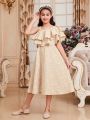 SHEIN Kids Nujoom Tween Girls' Slim Fit Adorable Oblique-Shoulder Jacquard Dress With Ruffle Trimmed Short Sleeves