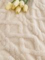 1pc Ecru Polyester Jacquard Blanket With Ab Version Tafta & Plush Lambswool Edges