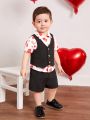 SHEIN Baby Boys' Gentleman Outfits, Heart Pattern Casual Shirt, Solid Color Vest, Shorts, 3pcs/set