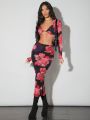 SHEIN BAE Floral Crop Top And Skirt Set With Rhinestone Embellishment