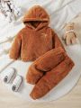 Baby Boys Autumn Velvet Letter Embroidery Hooded Sweatshirt Pants Casual Suit