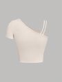 SHEIN Teenage Girls' Asymmetrical Neckline Ribbed Knit Short Sleeve T-Shirt For Vacation