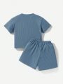 SHEIN Kids QTFun Toddler Boys' Comfortable Adorable Cartoon Bear Pattern Short Sleeve T-Shirt And Shorts Set