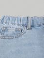 Tween Girl Street Style Casual Cool Light Blue Washed Ripped Straight Leg Jeans With Elastic Waist