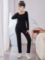 Teen Girl Square Neck Ribbed Knit Unitard Jumpsuit