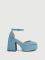 Everyday Collection Women Minimalist Ankle Strap Chunky Heeled Pumps, Denim Ankle Strap Fashion Pumps