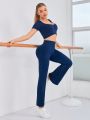 SHEIN Daily&Casual Women's Solid Color Bodycon Top & Flared Pants Sportswear Set