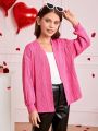 SHEIN Tween Girls' Knitted Jacquard Solid Color Cardigan Jacket For Casual Wear