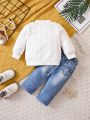 Boy's Baby Patch Detail Sweatshirt And Imitation Denim Printed Trousers Suit