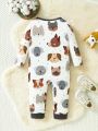Baby Boys' Knitted Cartoon Animal Printed Casual Daily Wear Sport Jumpsuit For Autumn And Winter