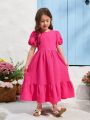 SHEIN Kids EVRYDAY Young Girl's Woven Solid Color Round Neck Casual Dress With Ruffle Hem