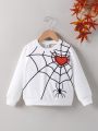 SHEIN Kids EVRYDAY Girls' Casual Heart & Spider Web Pattern Pullover Sweatshirt
