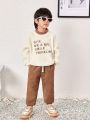 SHEIN Kids EVRYDAY Young Boy Slogan Embroidery Drop Shoulder Teddy Pullover & Pants