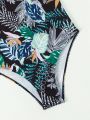 Little Girls' Classic Tropical Print Bandeau Swimsuit With Ruffled Trim In Ribbed Fabric