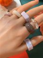 6pcs/set Transparent Resin Ring Chunky Rings With Irregular Shape And Marbled Pattern. Personalized Match (hand-dyed Process,ring Patterns And Colors Vary)