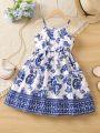 SHEIN Kids KDOMO Young Girl Blue & White Style Floral Printed Spaghetti Strap Summer Dress