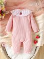 Cute Baby Girl Striped Romper With Drawstring Waist, Strawberry Embroidery And Patch Decoration