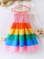 SHEIN Kids EVRYDAY Young Girls' Striped Halter Neck Dress With Ruffle Trim For Summer