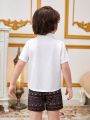 SHEIN Kids Nujoom Boys' (Little) Geometric Pattern Stand Collar Shirt And Shorts 2pcs/Set